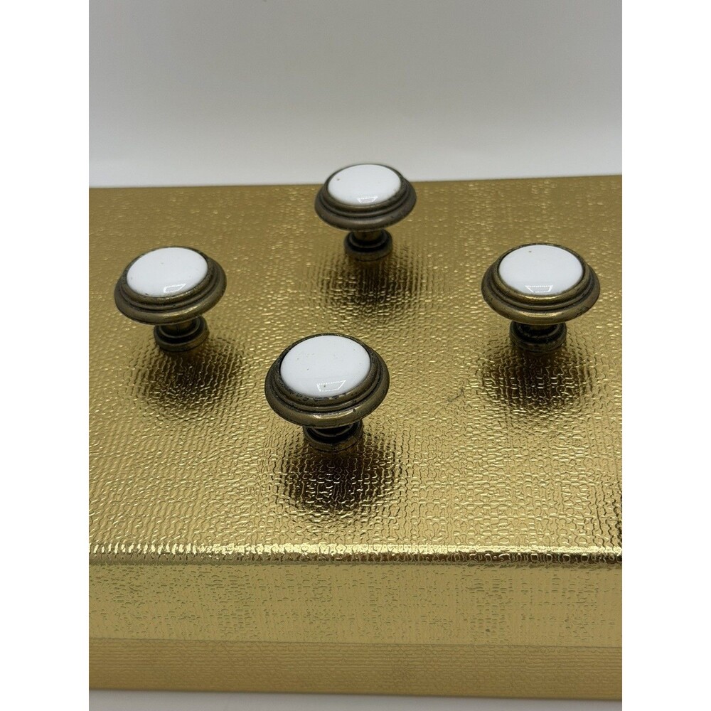 Lot Of 6 White Porcelain & Brass Antique MCM Cabinet Knobs Drawer Pulls Handles